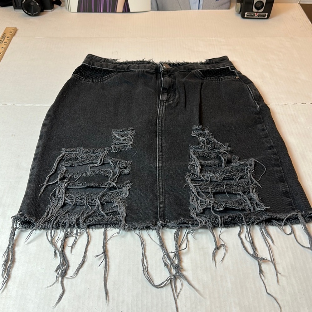 Zara basics distressed black denim mini skirt
